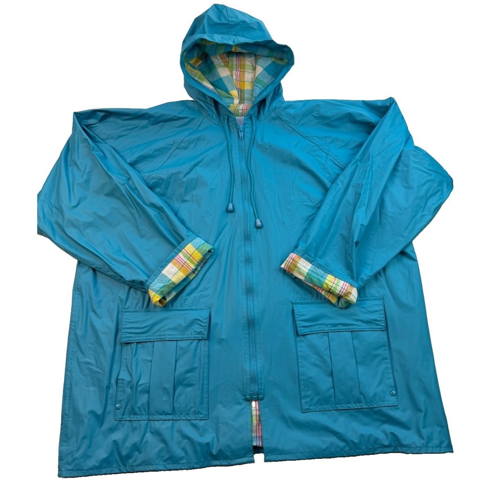 Vintage 90s Misty Harbor XL Turquoise Rain Jacket Plaid Lined Hooded